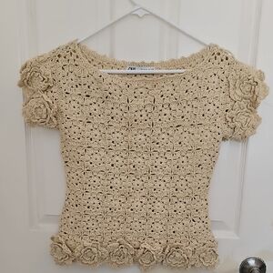 Zara Beige Crochet Floral Top